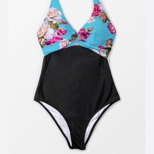 Cupshe Floral Blue and Black One Piece Swimsuit